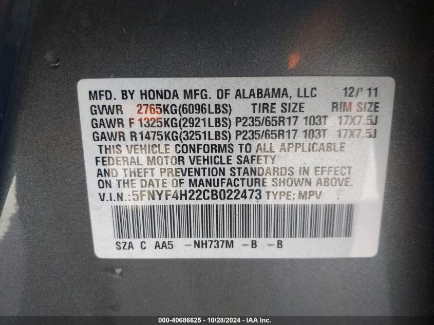 2012 Honda Pilot Lx VIN: 5FNYF4H22CB022473 Lot: 40686625