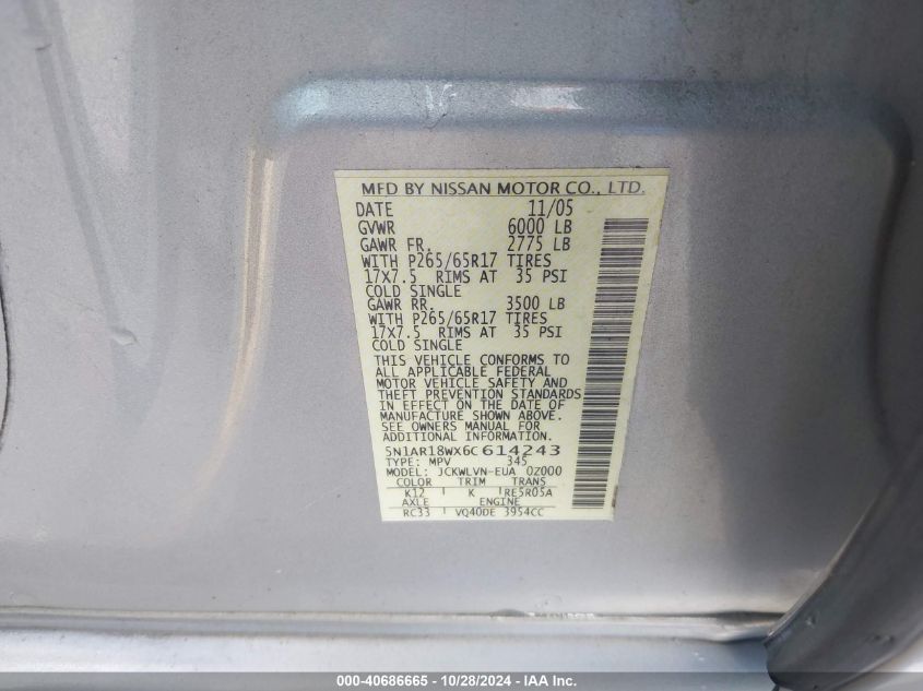 2006 Nissan Pathfinder Le VIN: 5N1AR18WX6C614243 Lot: 40686665