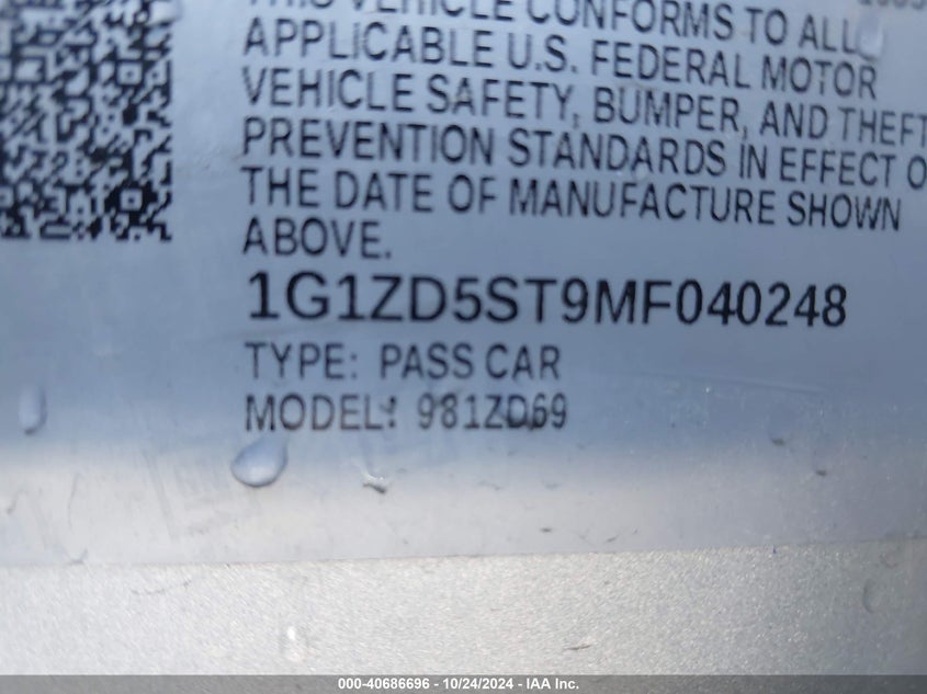 VIN 1G1ZD5ST9MF040248 2021 CHEVROLET MALIBU FWD LT