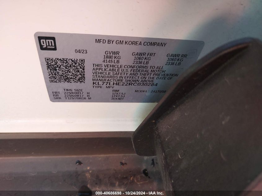 2024 CHEVROLET TRAX 1.2L I-3 DI, DOHC, V(VIN: KL77LHE22RC030284