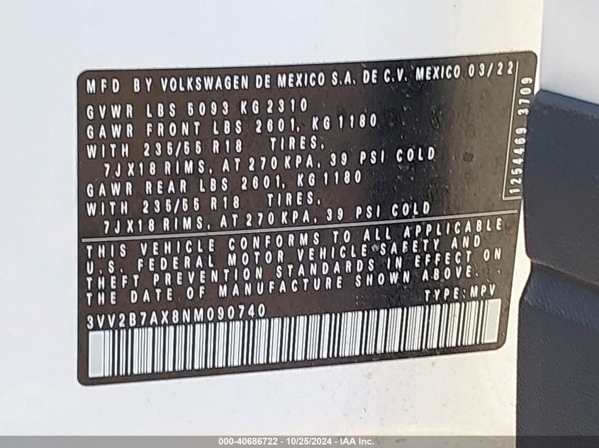 2022 VOLKSWAGEN TIGUAN 2.0L I-4 DI, DOHC, V(VIN: 3VV2B7AX8NM090740