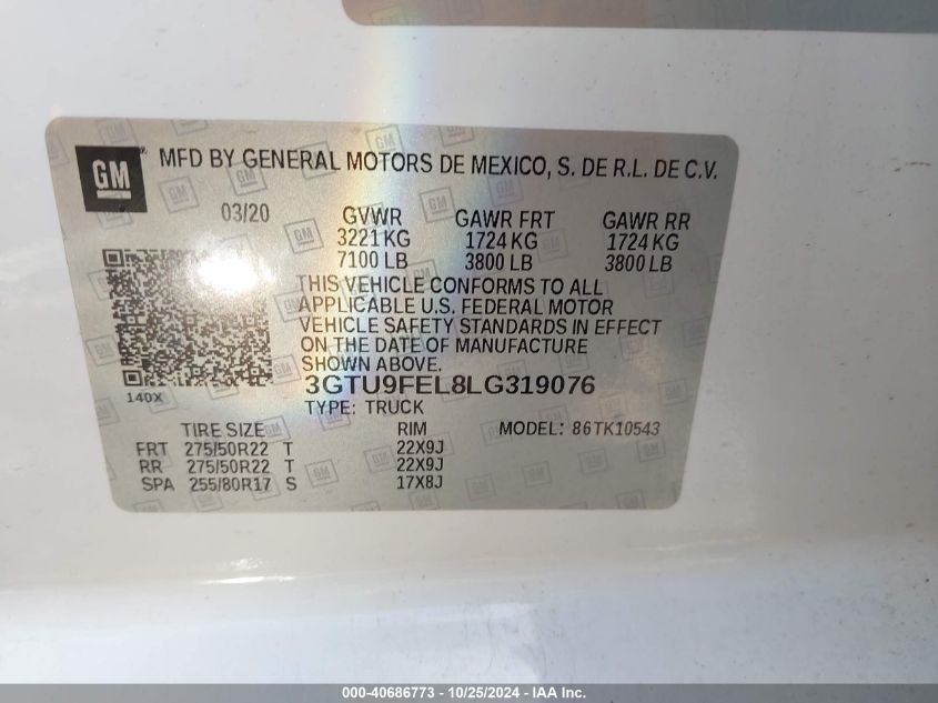 2020 GMC Sierra 1500 4Wd Short Box Denali VIN: 3GTU9FEL8LG319076 Lot: 40686773