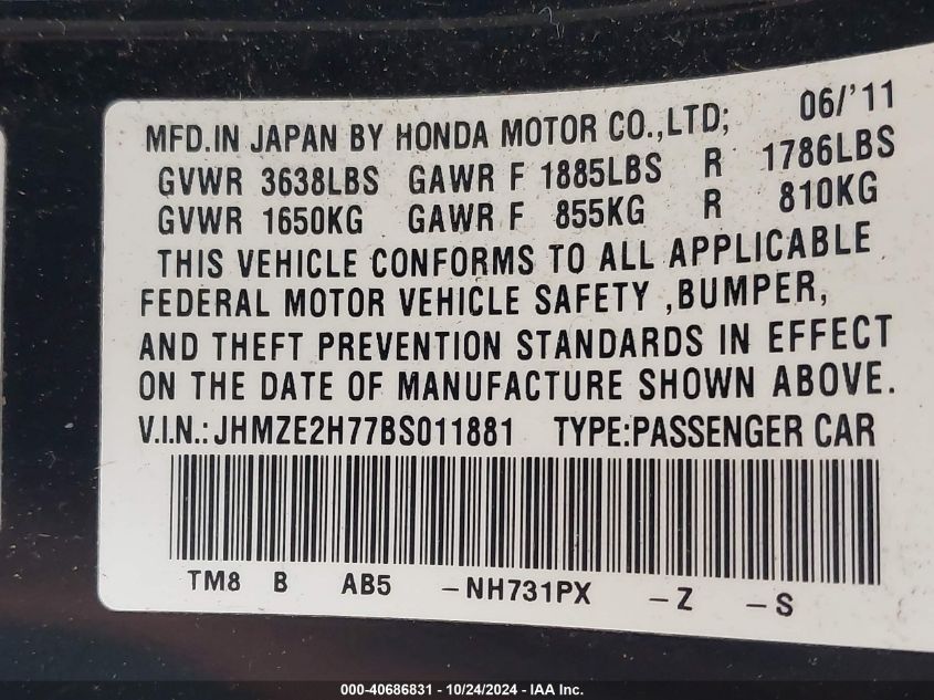 2011 Honda Insight Ex VIN: JHMZE2H77BS011881 Lot: 40686831