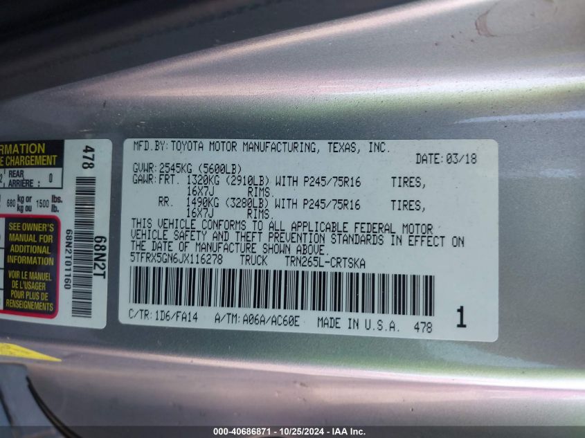 2018 TOYOTA TACOMA SR - 5TFRX5GN6JX116278
