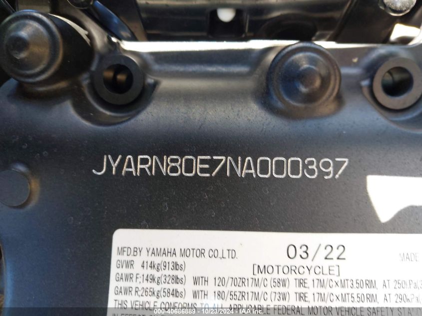 2022 Yamaha Mtm890 VIN: JYARN80E7NA000397 Lot: 40686889