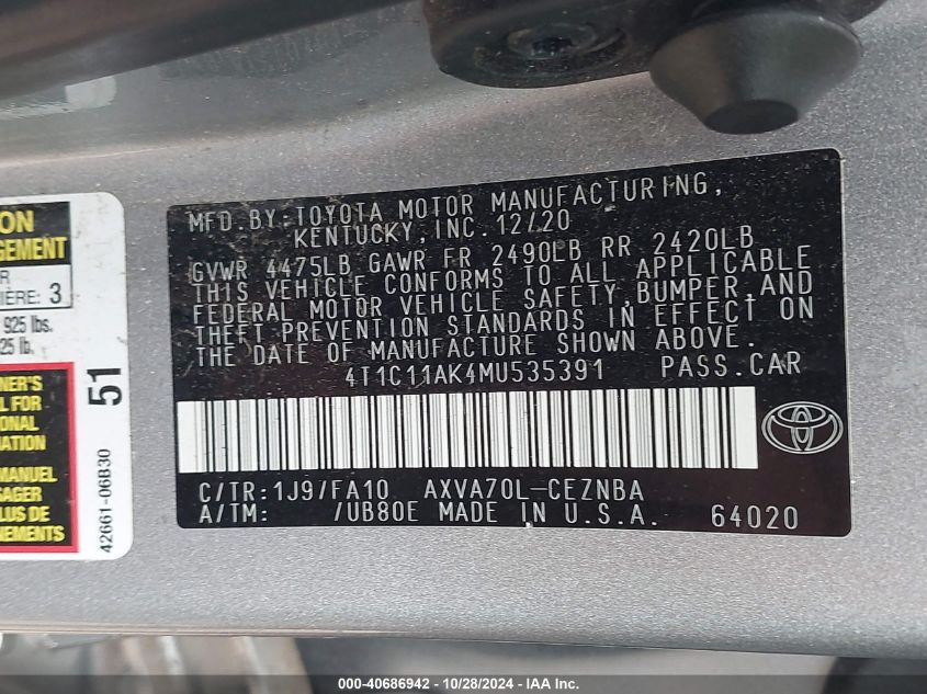 2021 TOYOTA CAMRY LE - 4T1C11AK4MU535391