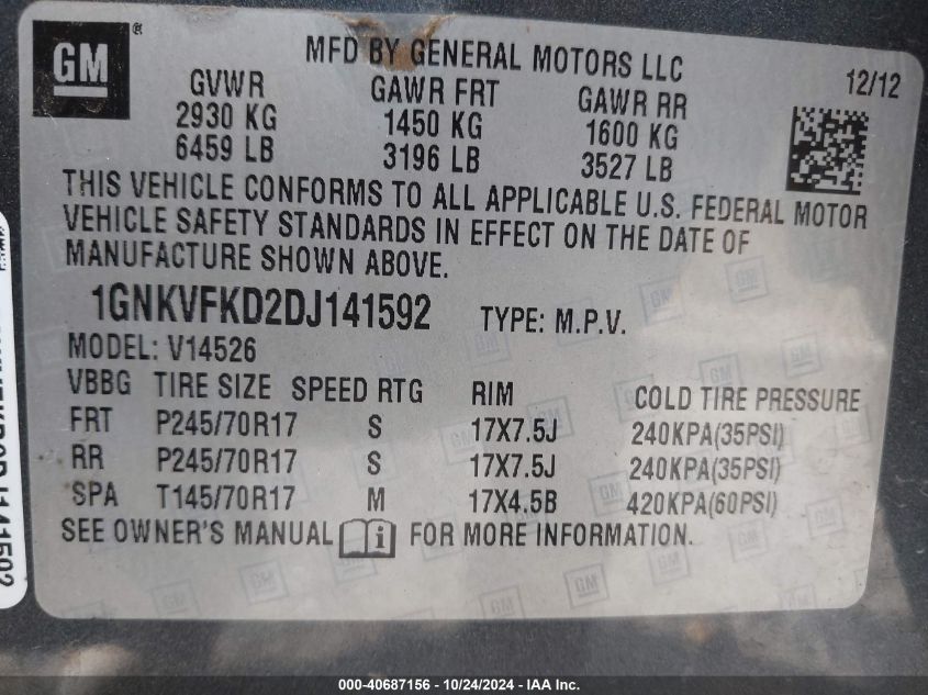 VIN 1GNKVFKD2DJ141592 2013 Chevrolet Traverse, LS no.9