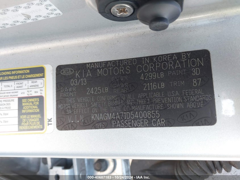 2013 KIA OPTIMA VIN: KNAGM4A71D5400855