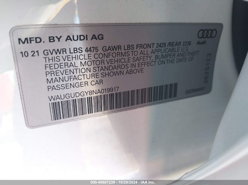 2022 Audi A3 Premium 40 Tfsi Quattro S Tronic VIN: WAUGUDGY8NA019917 Lot: 40687239