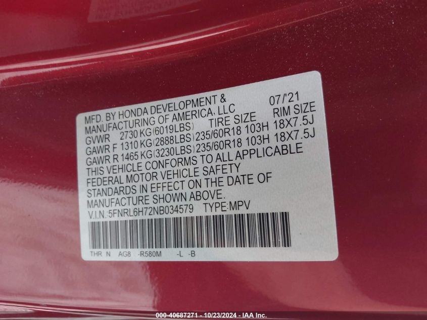 2022 Honda Odyssey Ex-L VIN: 5FNRL6H72NB034579 Lot: 40687271