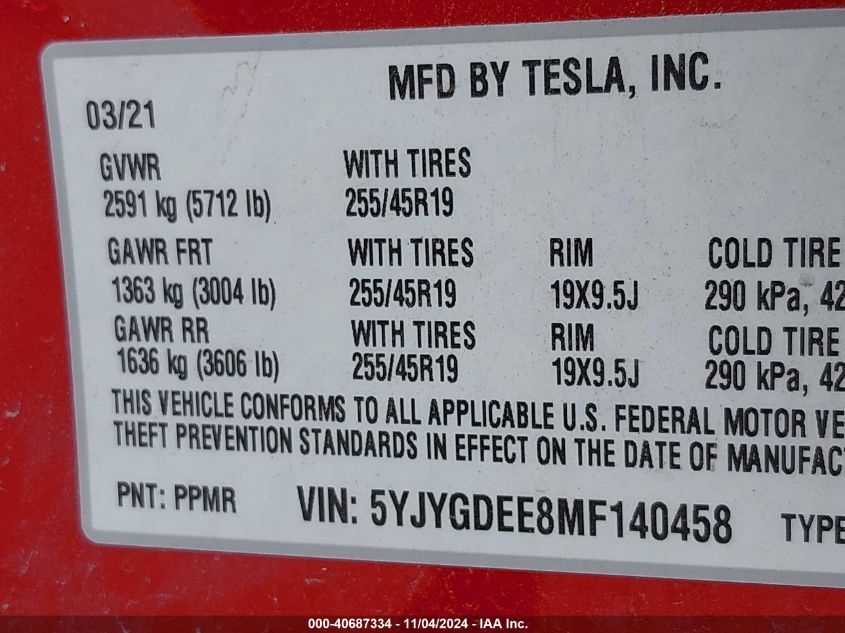 2021 Tesla Model Y Long Range Dual Motor All-Wheel Drive VIN: 5YJYGDEE8MF140458 Lot: 40687334