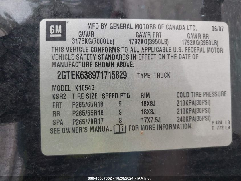 2007 GMC Sierra 1500 Denali VIN: 2GTEK638971715829 Lot: 40687352