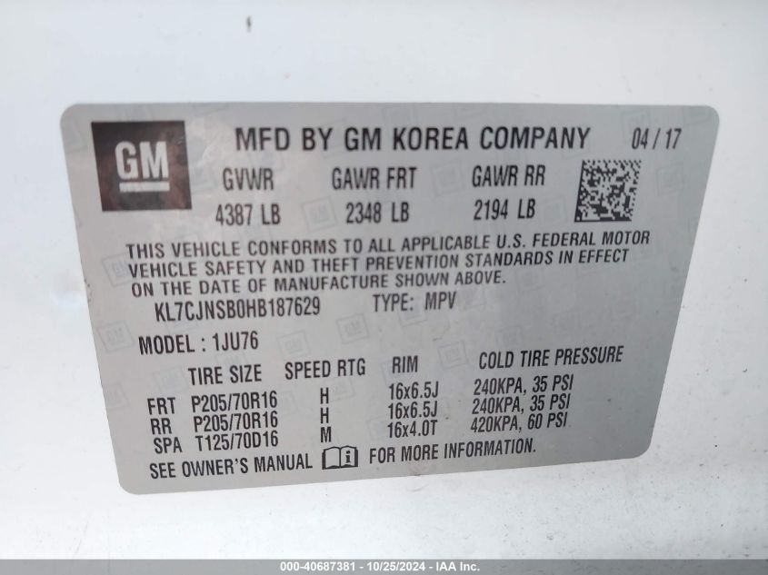 VIN KL7CJNSB0HB187629 2017 Chevrolet Trax, LS no.9