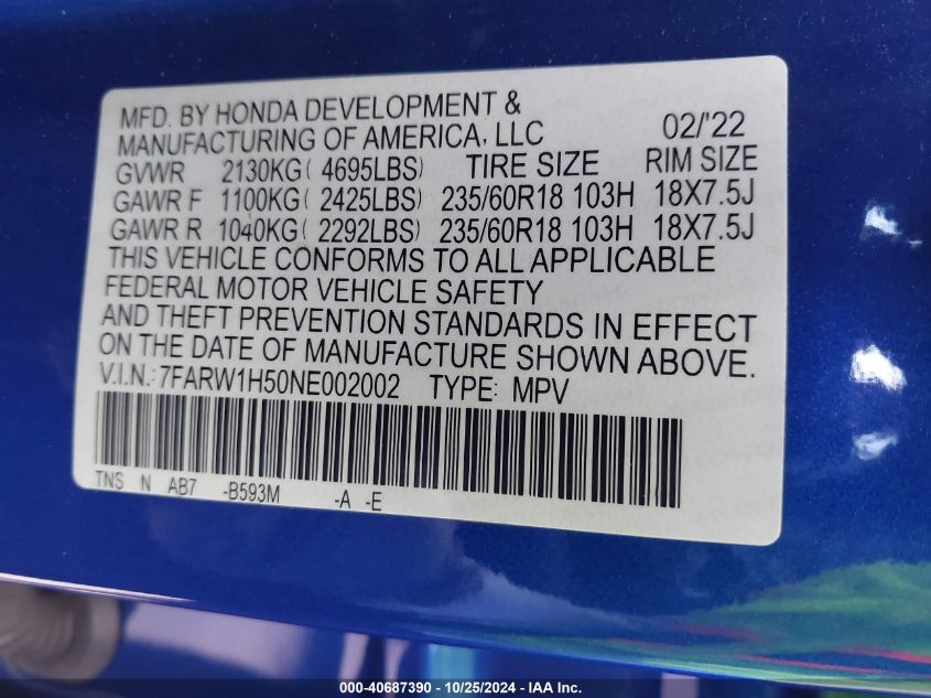 2022 Honda Cr-V 2Wd Ex VIN: 7FARW1H50NE002002 Lot: 40687390