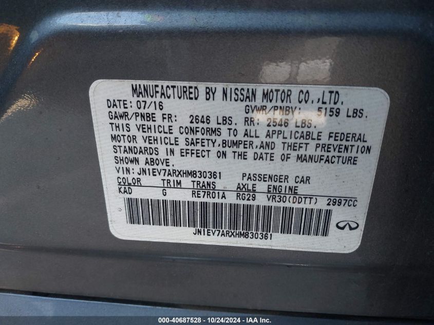 2017 Infiniti Q50 3.0T Premium VIN: JN1EV7ARXHM830361 Lot: 40687528