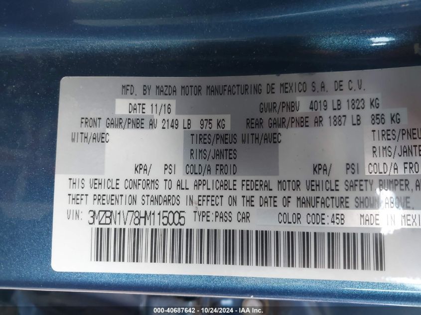 2017 MAZDA MAZDA3 TOURING - 3MZBN1V78HM115005