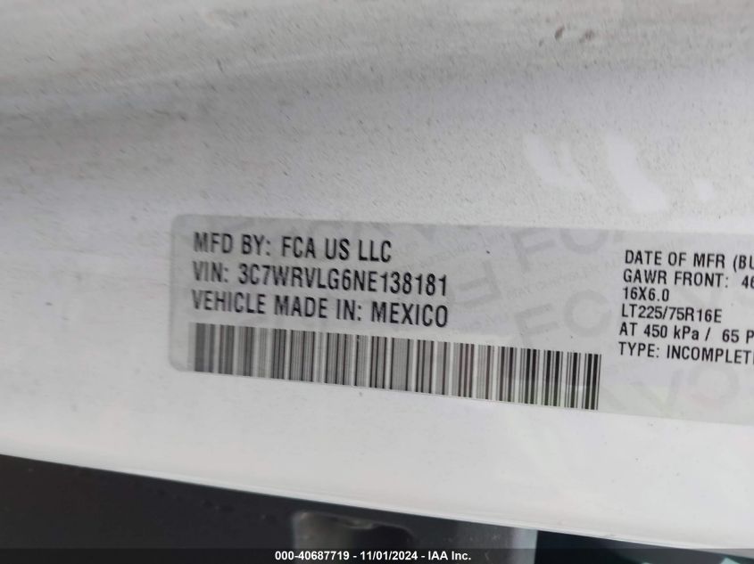 2022 Ram Promaster 3500 Cutaway Low Roof VIN: 3C7WRVLG6NE138181 Lot: 40687719