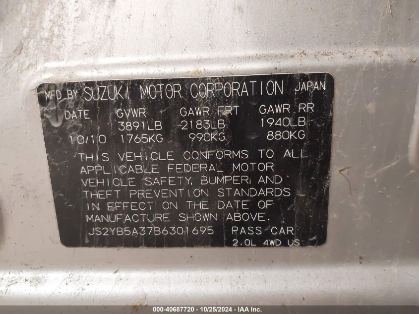 2011 Suzuki Sx4 Premium/Tech Valu Pkg (Nav) VIN: JS2YB5A37B6301695 Lot: 40687720