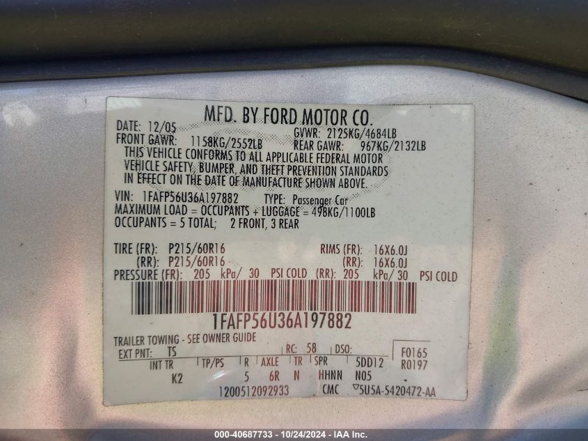 2006 Ford Taurus Sel VIN: 1FAFP56U36A197882 Lot: 40687733