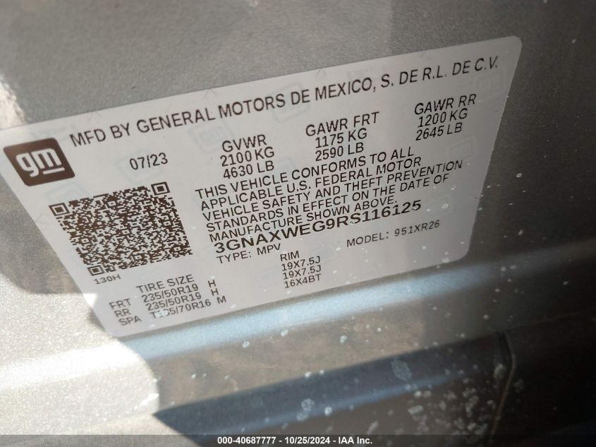 2024 Chevrolet Equinox Awd Rs VIN: 3GNAXWEG9RS116125 Lot: 40687777