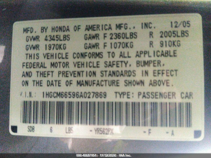 2006 Honda Accord 3.0 Ex VIN: 1HGCM66596A027869 Lot: 40687851