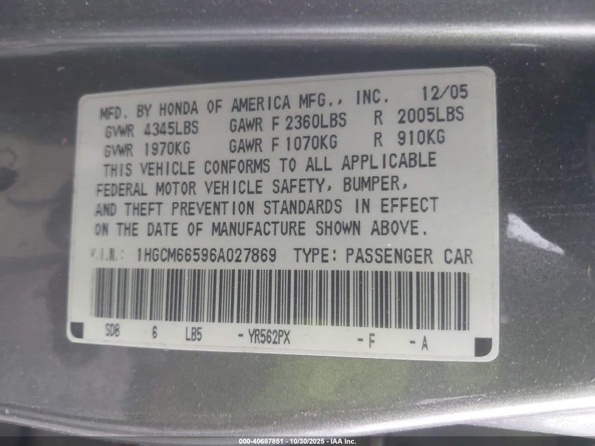 1HGCM66596A027869 2006 HONDA ACCORD photo no. 9