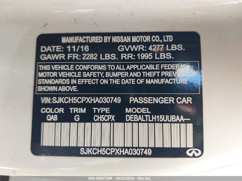 2017 Infiniti Qx30 Sport VIN: SJKCH5CPXHA030749 Lot: 40687898