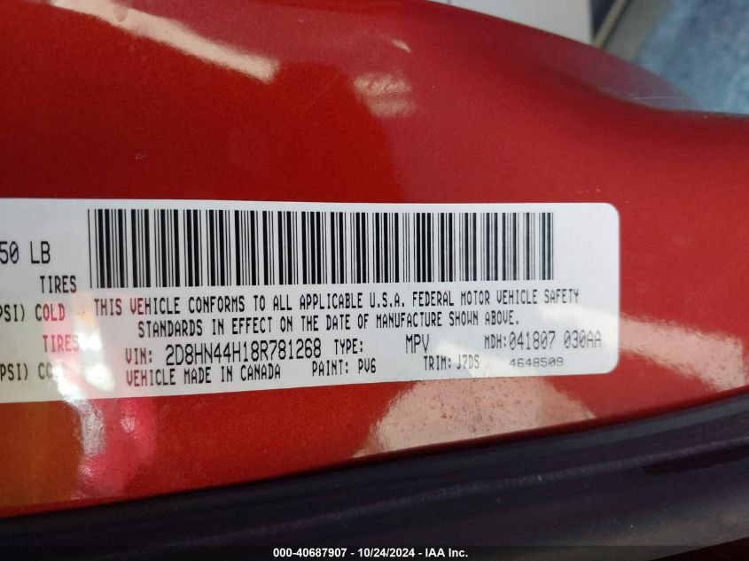 2008 Dodge Grand Caravan Se VIN: 2D8HN44H18R781268 Lot: 40687907