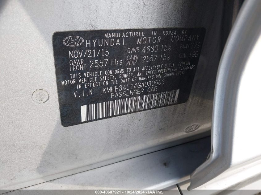 2016 Hyundai Sonata Hybrid Limited VIN: KMHE34L14GA030563 Lot: 40687921