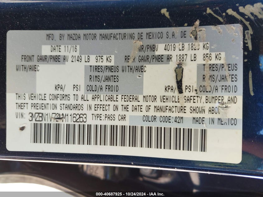VIN 3MZBN1V72HM116263 2017 MAZDA MAZDA3 TOURING