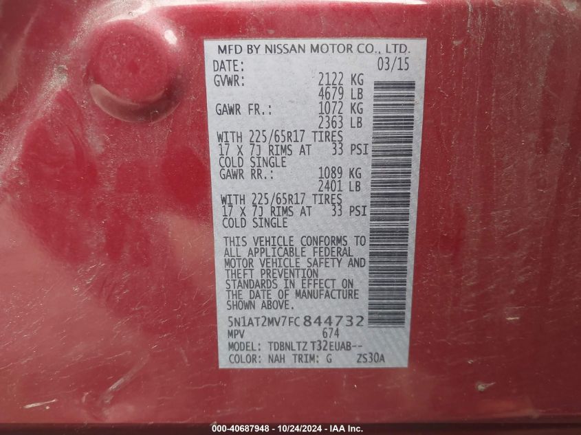 2015 Nissan Rogue Sv VIN: 5N1AT2MV7FC844732 Lot: 40687948