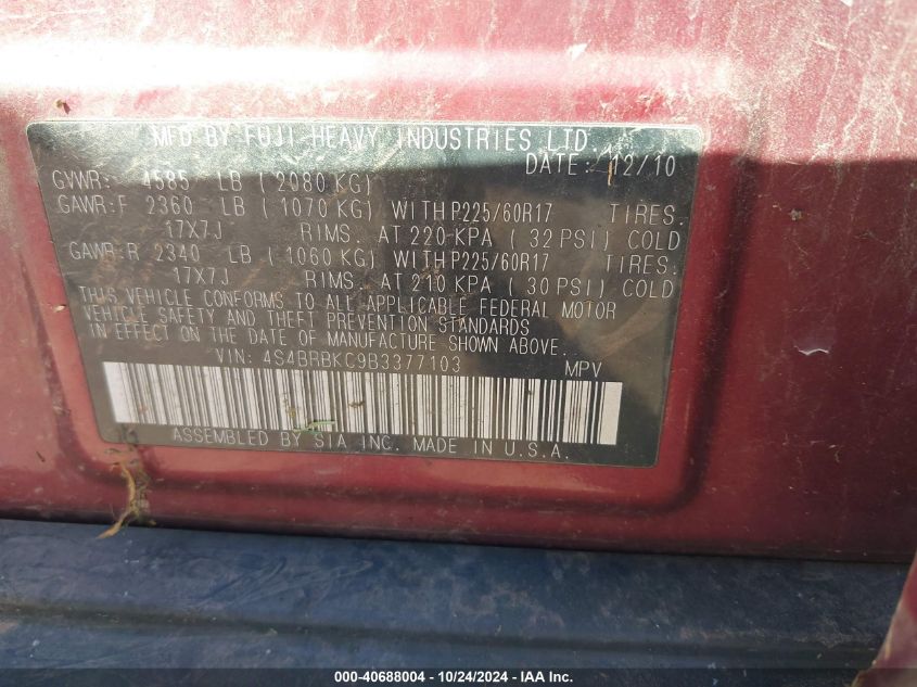 2011 Subaru Outback 2.5I Limited VIN: 4S4BRBKC9B3377103 Lot: 40688004