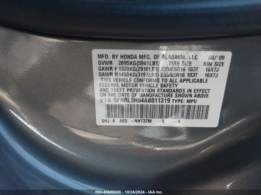 2010 Honda Odyssey Exl VIN: 5FNRL3H64AB011319 Lot: 40688005