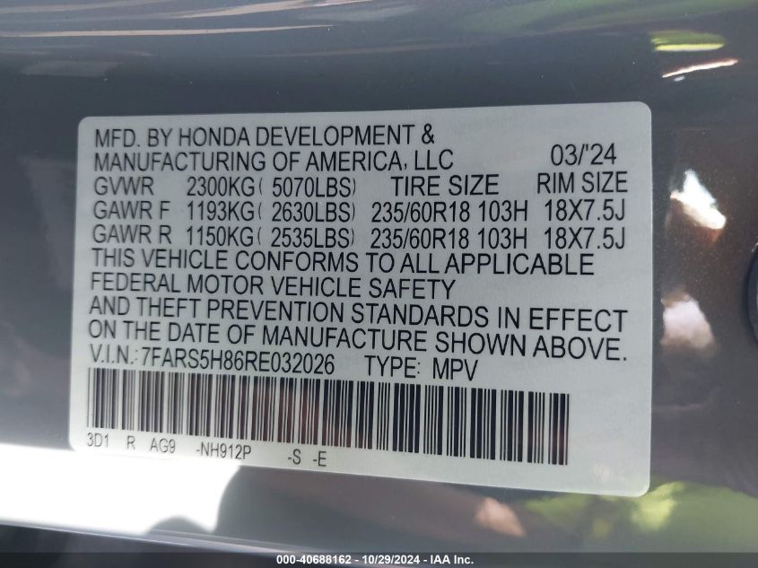 2024 Honda Cr-V Hybrid Sport-L VIN: 7FARS5H86RE032026 Lot: 40688162