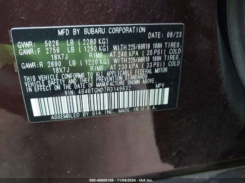 VIN 4S4BTGND7R3149632 2024 Subaru Outback, Limited Xt no.9