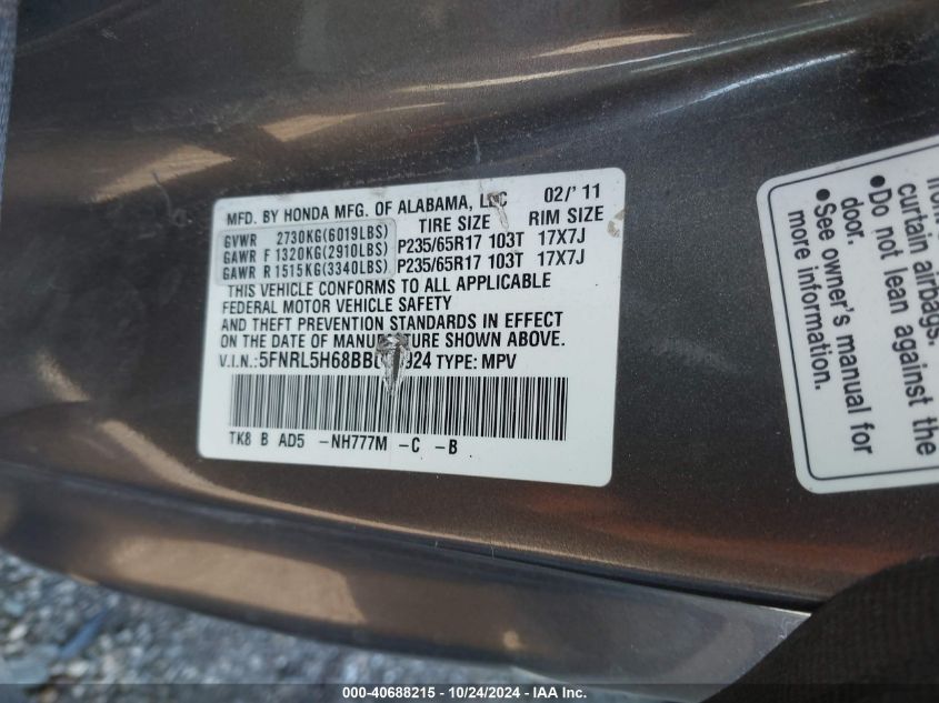 2011 Honda Odyssey Ex-L VIN: 5FNRL5H68BB056924 Lot: 40688215