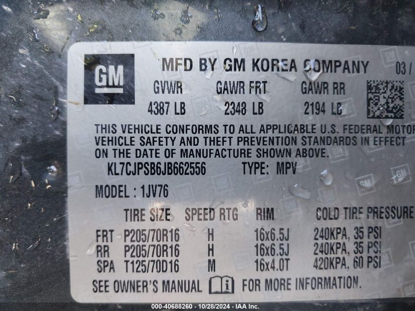 VIN KL7CJPSB6JB662556 2018 CHEVROLET TRAX LT