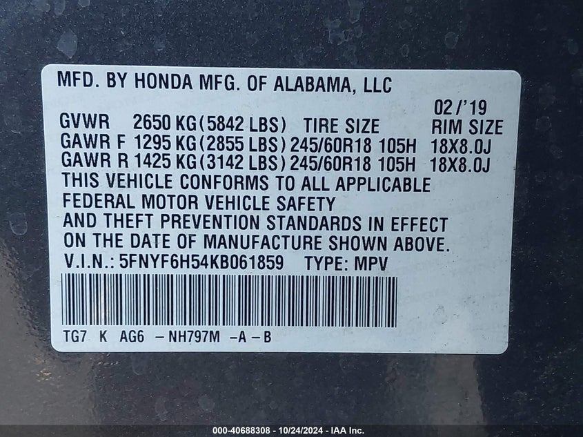 VIN 5FNYF6H54KB061859 2019 HONDA PILOT EX-L