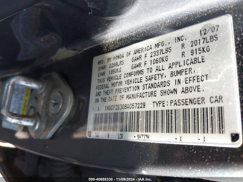 2008 Honda Accord 2.4 Lx VIN: 1HGCP26308A057229 Lot: 40688330