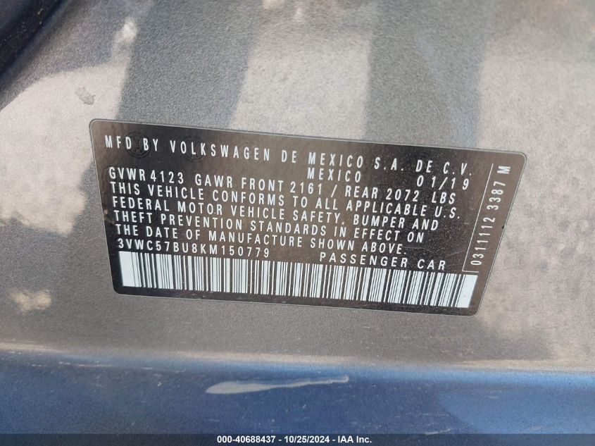 VIN 3VWC57BU8KM150779 2019 VOLKSWAGEN JETTA 1.4T R-LINE/1.4T S/1.4T SE