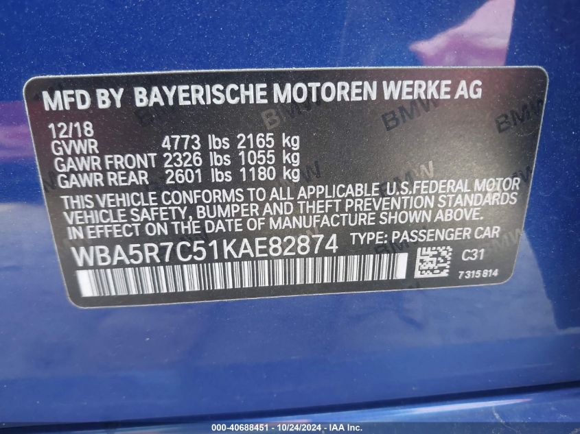 2019 BMW 330I xDrive VIN: WBA5R7C51KAE82874 Lot: 40688451