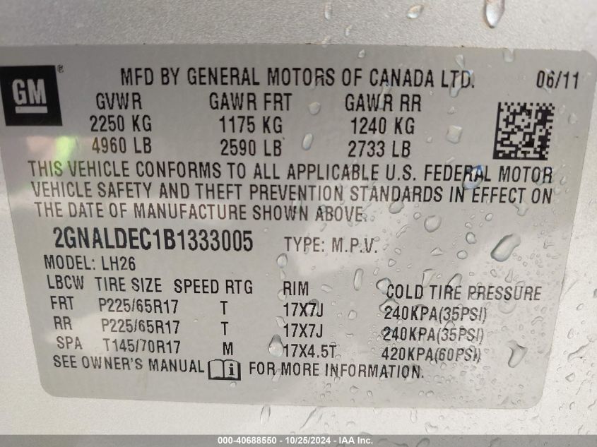 2011 Chevrolet Equinox 1Lt VIN: 2GNALDEC1B1333005 Lot: 40688550
