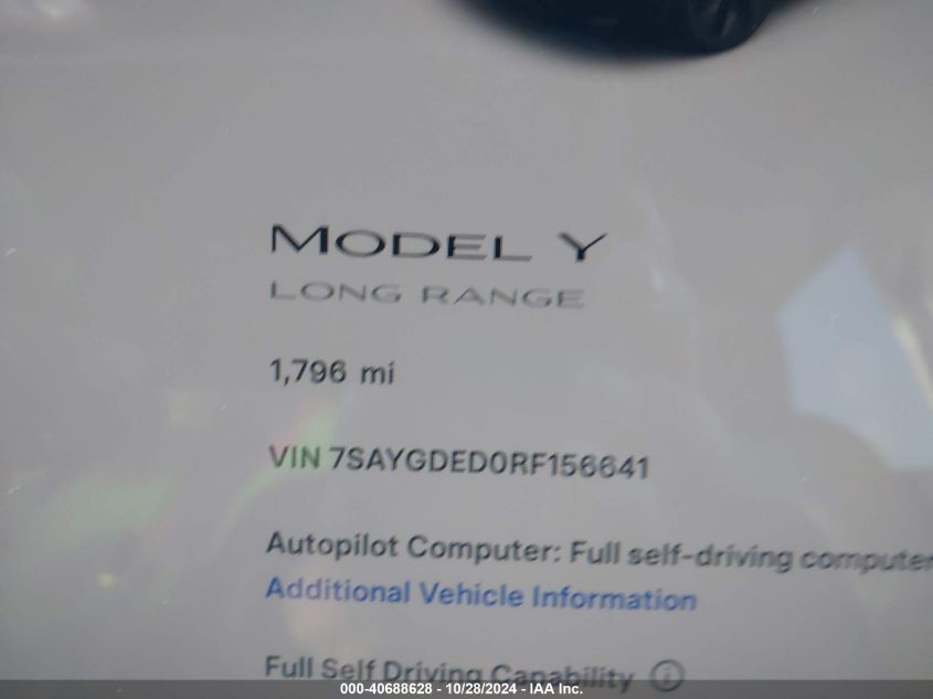 2024 Tesla Model Y VIN: 7SAYGDED0RF156641 Lot: 40688628