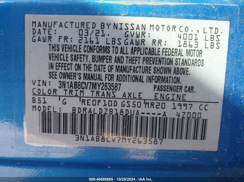 2021 NISSAN SENTRA 2.0L I-4 DI, DOHC, V(VIN: 3N1AB8CV7MY263587