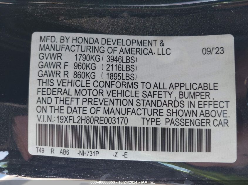 2024 Honda Civic Sport VIN: 19XFL2H80RE003170 Lot: 40688853