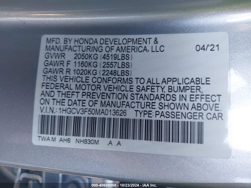 VIN 1HGCV3F50MA013626 2021 Honda Accord, Hybrid Ex-L no.9