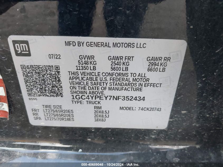 2022 Chevrolet Silverado 2500Hd 4Wd Standard Bed Ltz VIN: 1GC4YPEY7NF352434 Lot: 40689048