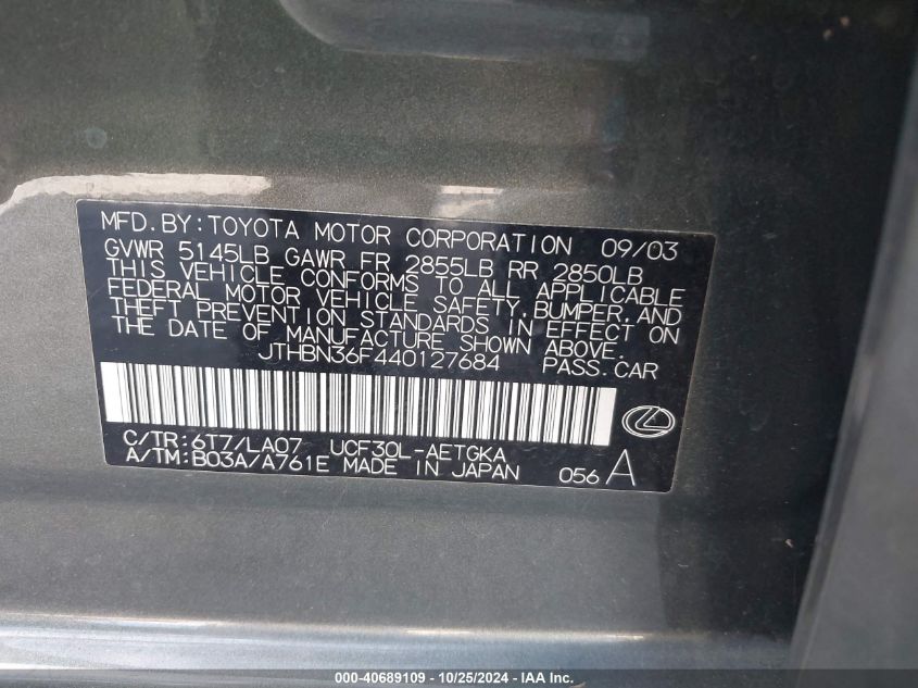 2004 Lexus Ls 430 VIN: JTHBN36F440127684 Lot: 40689109