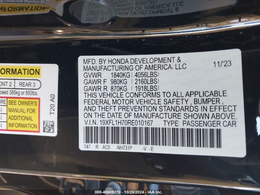 2024 Honda Civic Exl VIN: 19XFL1H70RE010167 Lot: 40689270