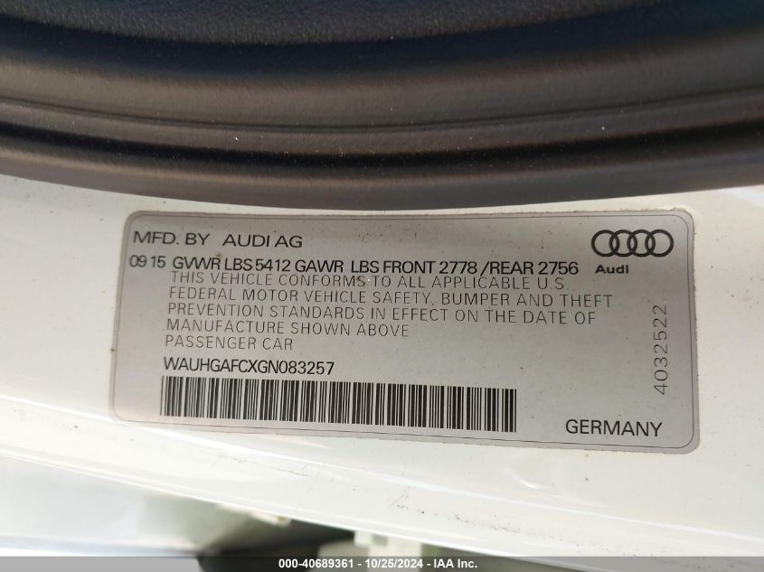 2016 Audi A6 3.0T Premium Plus VIN: WAUHGAFCXGN083257 Lot: 40689361